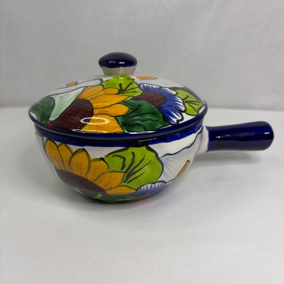 Talavera Other - Mexican Talavera Pottery Floral Salsa Guac Bean Handle Lid Hand Painted Signed